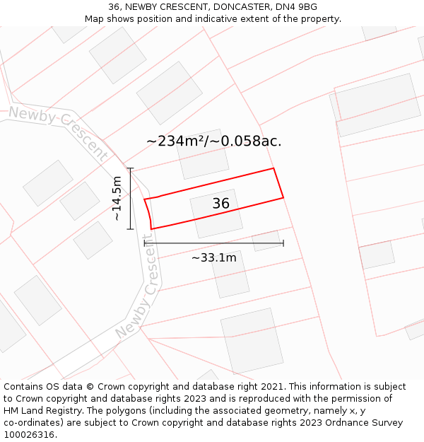 36, NEWBY CRESCENT, DONCASTER, DN4 9BG: Plot and title map
