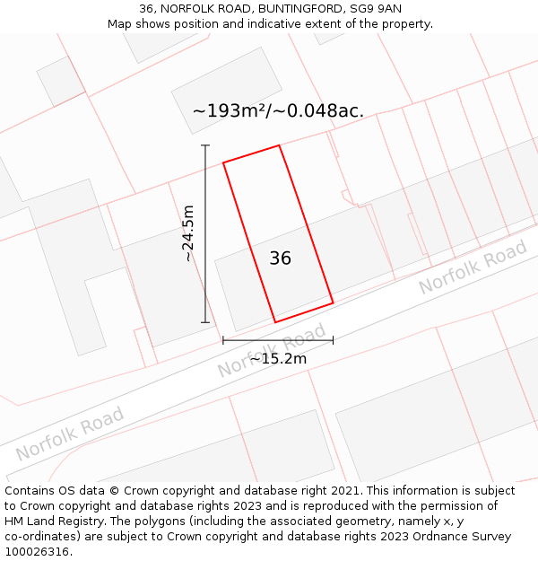 36, NORFOLK ROAD, BUNTINGFORD, SG9 9AN: Plot and title map