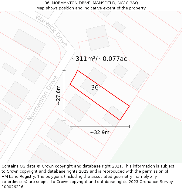 36, NORMANTON DRIVE, MANSFIELD, NG18 3AQ: Plot and title map