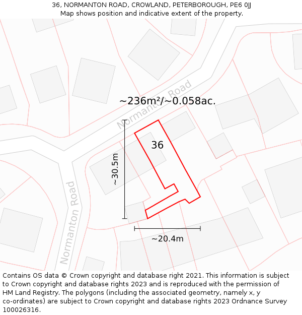 36, NORMANTON ROAD, CROWLAND, PETERBOROUGH, PE6 0JJ: Plot and title map