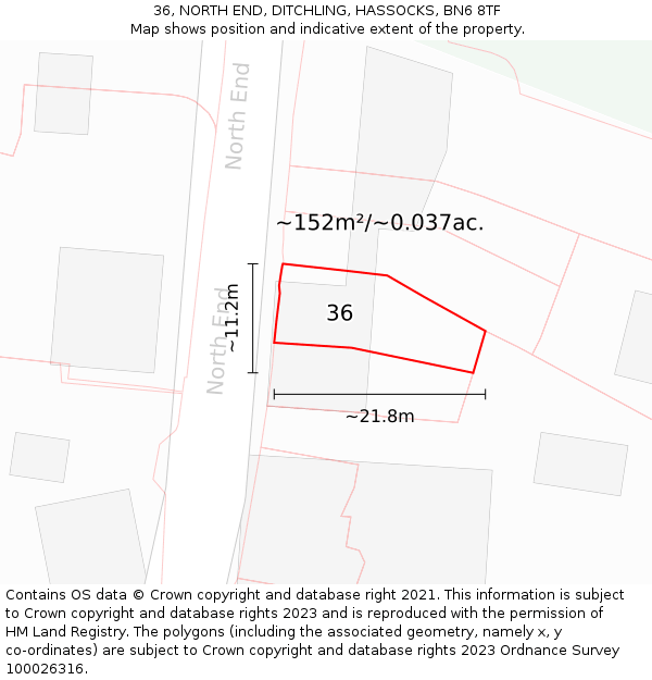 36, NORTH END, DITCHLING, HASSOCKS, BN6 8TF: Plot and title map
