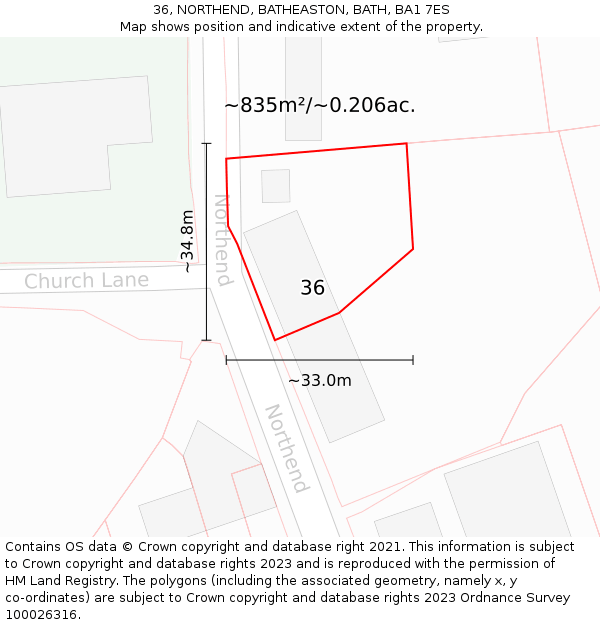 36, NORTHEND, BATHEASTON, BATH, BA1 7ES: Plot and title map