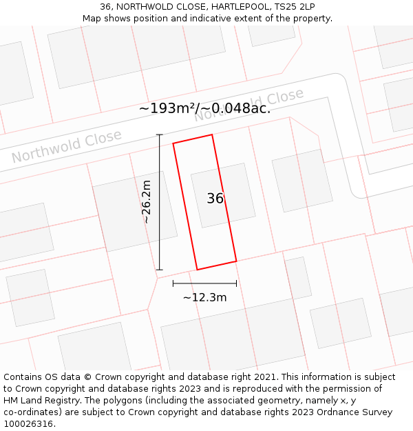 36, NORTHWOLD CLOSE, HARTLEPOOL, TS25 2LP: Plot and title map