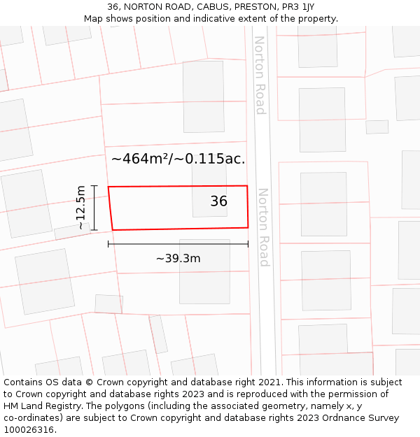 36, NORTON ROAD, CABUS, PRESTON, PR3 1JY: Plot and title map