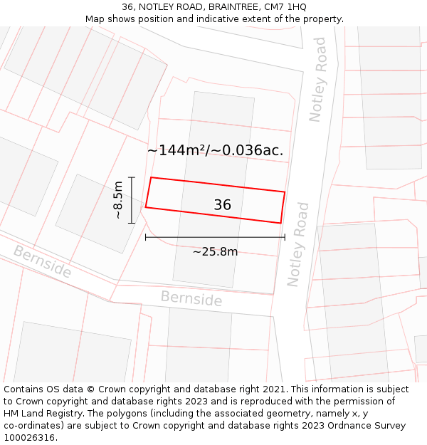 36, NOTLEY ROAD, BRAINTREE, CM7 1HQ: Plot and title map