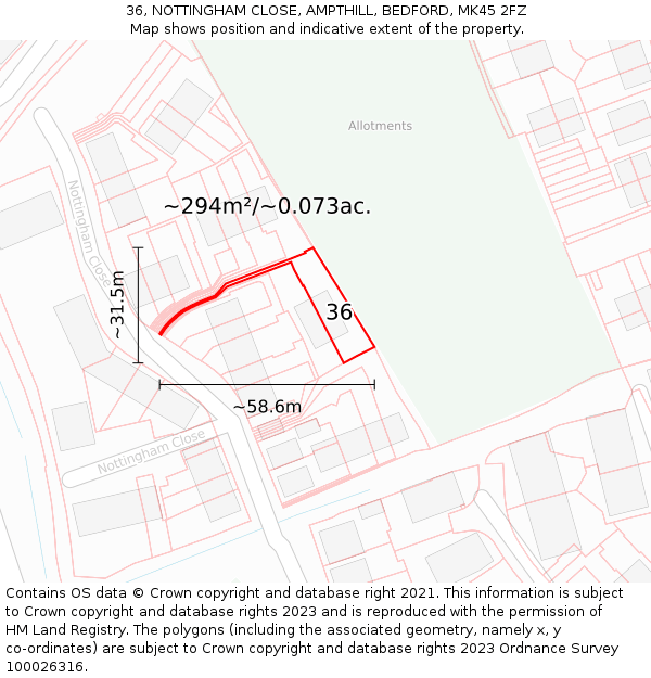 36, NOTTINGHAM CLOSE, AMPTHILL, BEDFORD, MK45 2FZ: Plot and title map