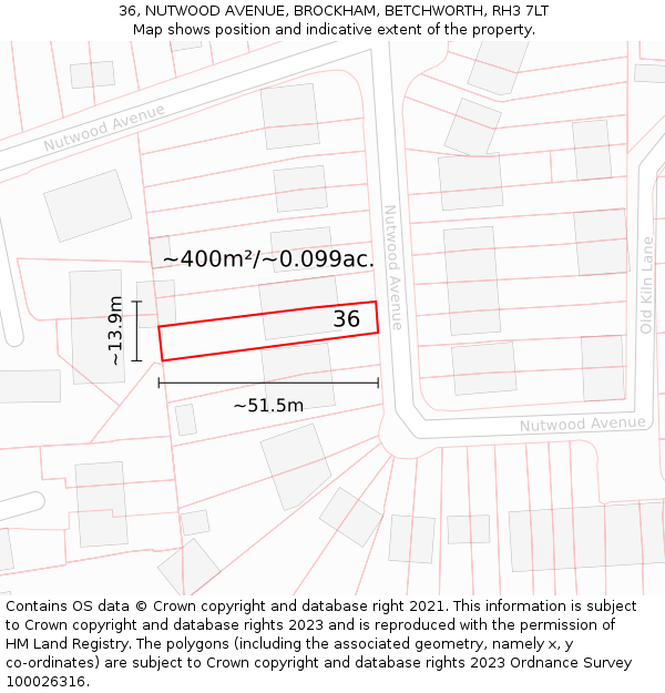 36, NUTWOOD AVENUE, BROCKHAM, BETCHWORTH, RH3 7LT: Plot and title map