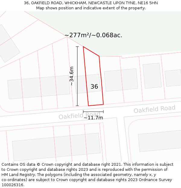 36, OAKFIELD ROAD, WHICKHAM, NEWCASTLE UPON TYNE, NE16 5HN: Plot and title map