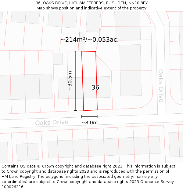 36, OAKS DRIVE, HIGHAM FERRERS, RUSHDEN, NN10 8EY: Plot and title map