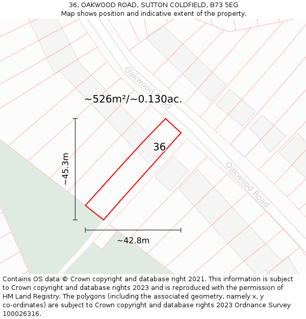 36, OAKWOOD ROAD, SUTTON COLDFIELD, B73 5EG: Plot and title map