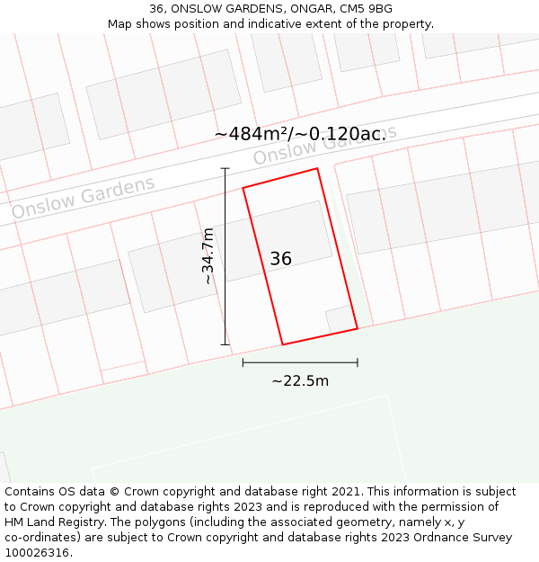 36, ONSLOW GARDENS, ONGAR, CM5 9BG: Plot and title map