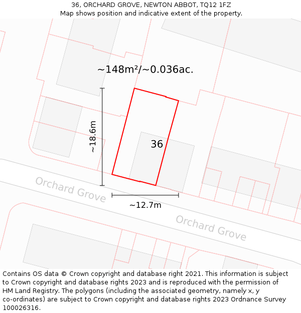36, ORCHARD GROVE, NEWTON ABBOT, TQ12 1FZ: Plot and title map