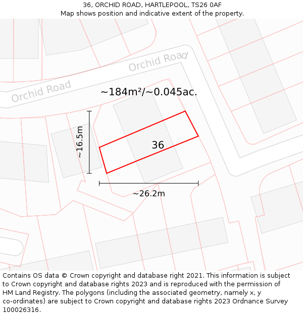36, ORCHID ROAD, HARTLEPOOL, TS26 0AF: Plot and title map