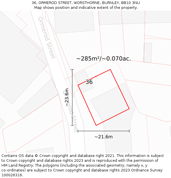 36, ORMEROD STREET, WORSTHORNE, BURNLEY, BB10 3NU: Plot and title map