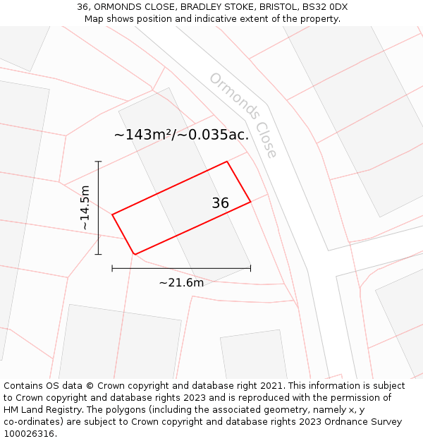 36, ORMONDS CLOSE, BRADLEY STOKE, BRISTOL, BS32 0DX: Plot and title map