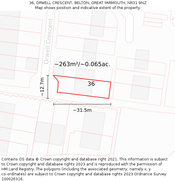 36, ORWELL CRESCENT, BELTON, GREAT YARMOUTH, NR31 9NZ: Plot and title map