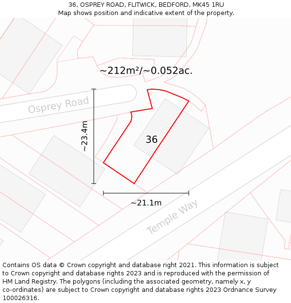 36, OSPREY ROAD, FLITWICK, BEDFORD, MK45 1RU: Plot and title map