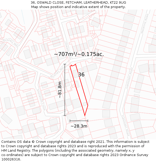 36, OSWALD CLOSE, FETCHAM, LEATHERHEAD, KT22 9UG: Plot and title map
