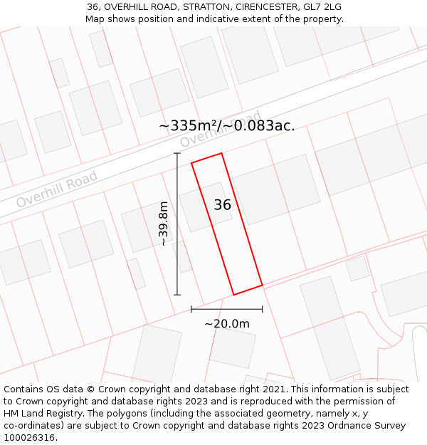 36, OVERHILL ROAD, STRATTON, CIRENCESTER, GL7 2LG: Plot and title map