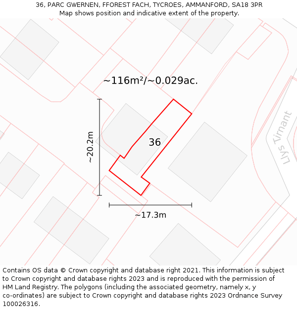 36, PARC GWERNEN, FFOREST FACH, TYCROES, AMMANFORD, SA18 3PR: Plot and title map