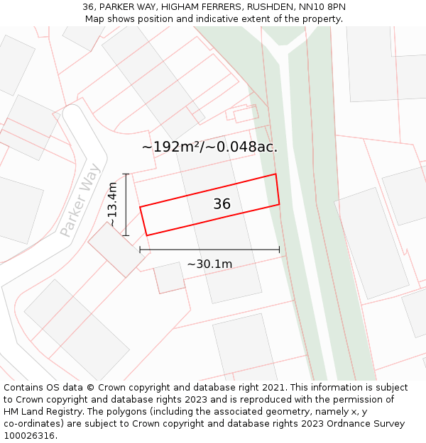 36, PARKER WAY, HIGHAM FERRERS, RUSHDEN, NN10 8PN: Plot and title map
