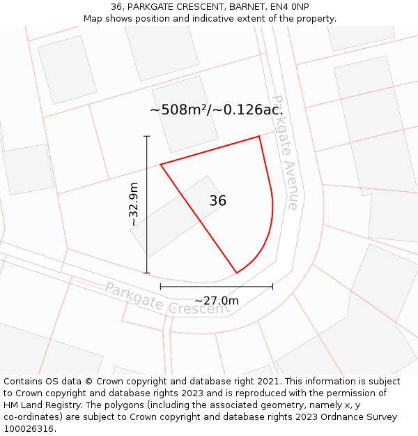 36, PARKGATE CRESCENT, BARNET, EN4 0NP: Plot and title map