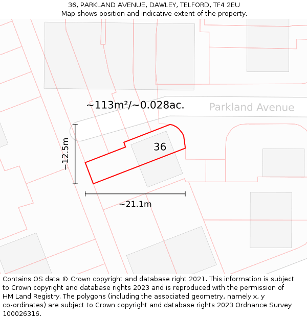 36, PARKLAND AVENUE, DAWLEY, TELFORD, TF4 2EU: Plot and title map