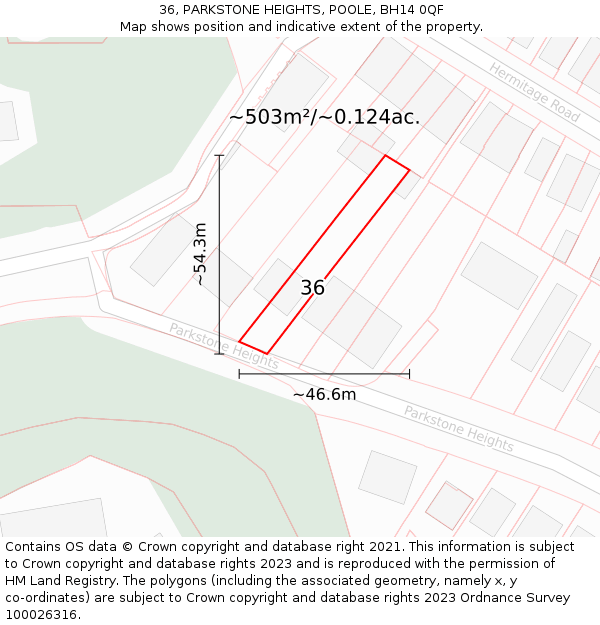 36, PARKSTONE HEIGHTS, POOLE, BH14 0QF: Plot and title map