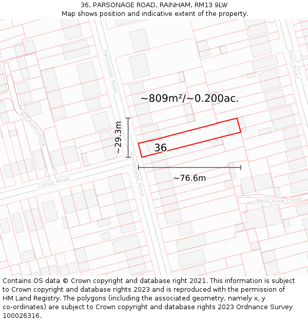 36, PARSONAGE ROAD, RAINHAM, RM13 9LW: Plot and title map
