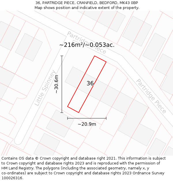 36, PARTRIDGE PIECE, CRANFIELD, BEDFORD, MK43 0BP: Plot and title map