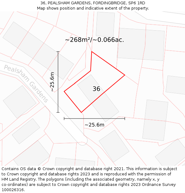36, PEALSHAM GARDENS, FORDINGBRIDGE, SP6 1RD: Plot and title map