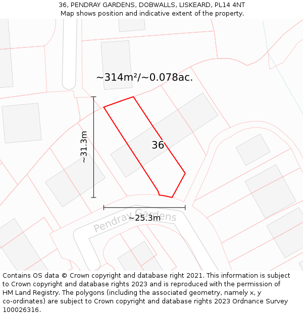 36, PENDRAY GARDENS, DOBWALLS, LISKEARD, PL14 4NT: Plot and title map