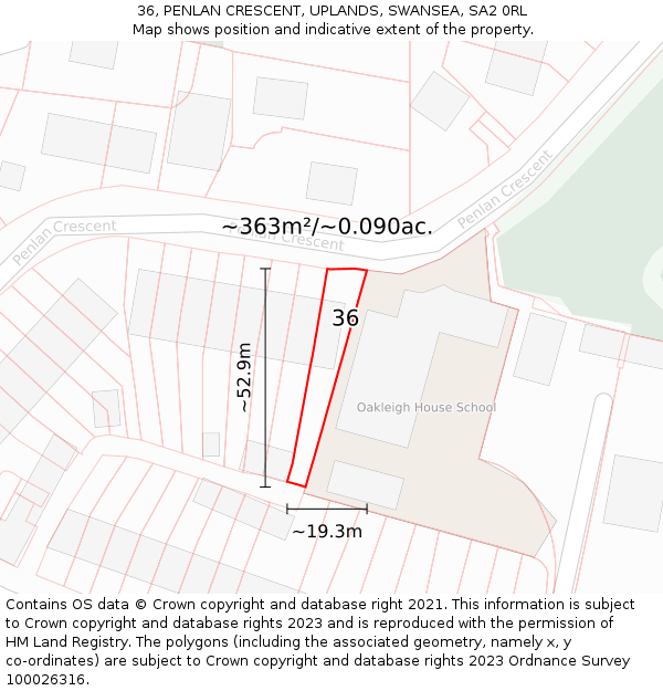 36, PENLAN CRESCENT, UPLANDS, SWANSEA, SA2 0RL: Plot and title map