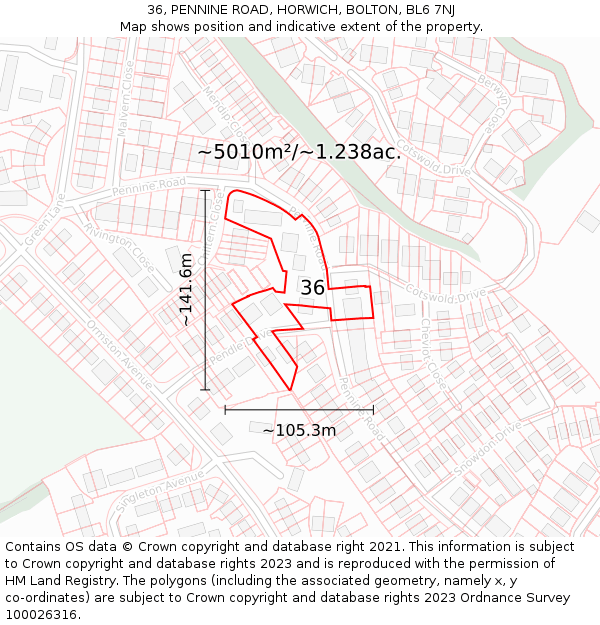 36, PENNINE ROAD, HORWICH, BOLTON, BL6 7NJ: Plot and title map