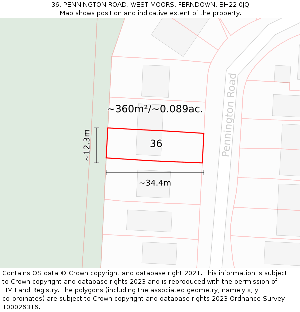 36, PENNINGTON ROAD, WEST MOORS, FERNDOWN, BH22 0JQ: Plot and title map