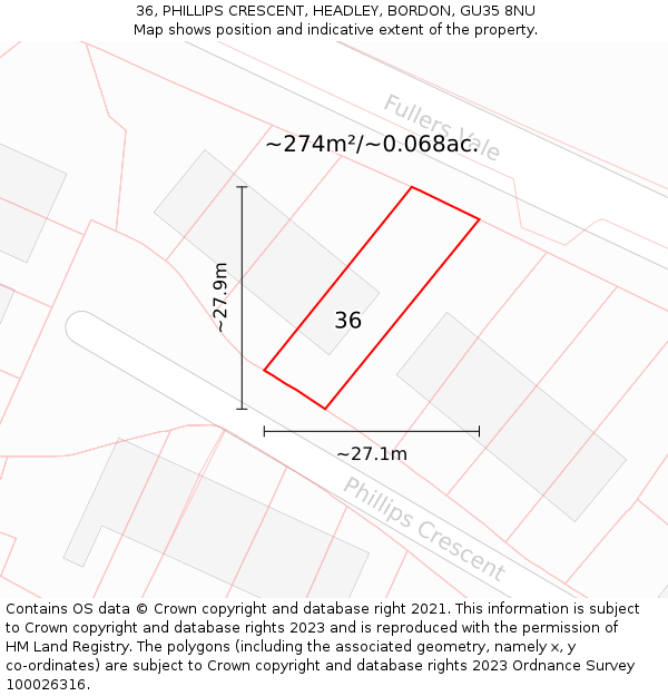 36, PHILLIPS CRESCENT, HEADLEY, BORDON, GU35 8NU: Plot and title map
