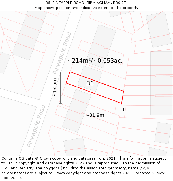 36, PINEAPPLE ROAD, BIRMINGHAM, B30 2TL: Plot and title map