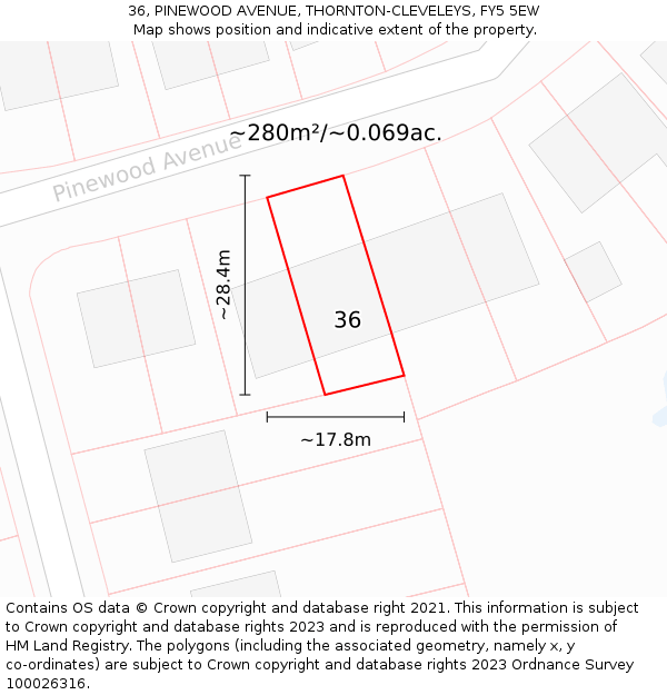 36, PINEWOOD AVENUE, THORNTON-CLEVELEYS, FY5 5EW: Plot and title map