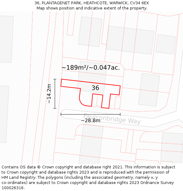 36, PLANTAGENET PARK, HEATHCOTE, WARWICK, CV34 6EX: Plot and title map
