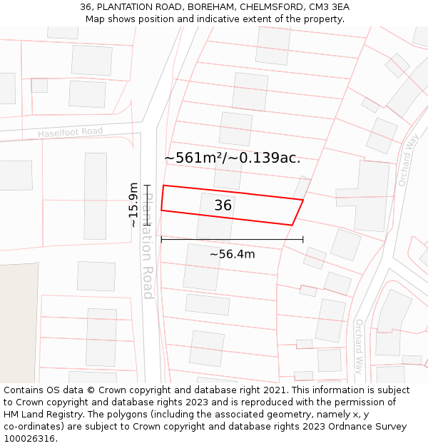 36, PLANTATION ROAD, BOREHAM, CHELMSFORD, CM3 3EA: Plot and title map