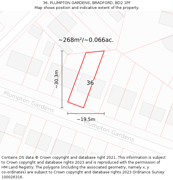 36, PLUMPTON GARDENS, BRADFORD, BD2 1PF: Plot and title map