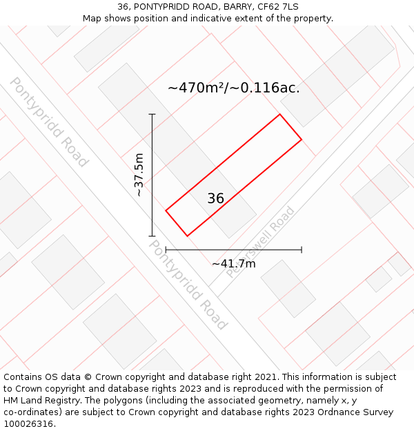36, PONTYPRIDD ROAD, BARRY, CF62 7LS: Plot and title map