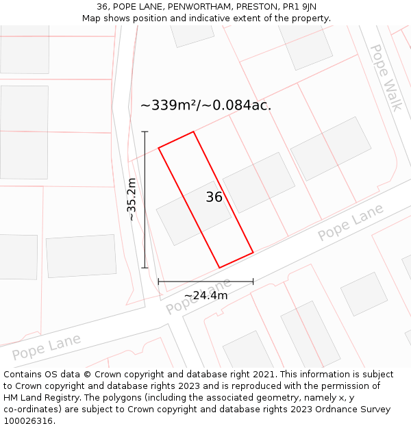 36, POPE LANE, PENWORTHAM, PRESTON, PR1 9JN: Plot and title map