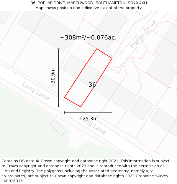 36, POPLAR DRIVE, MARCHWOOD, SOUTHAMPTON, SO40 4XH: Plot and title map