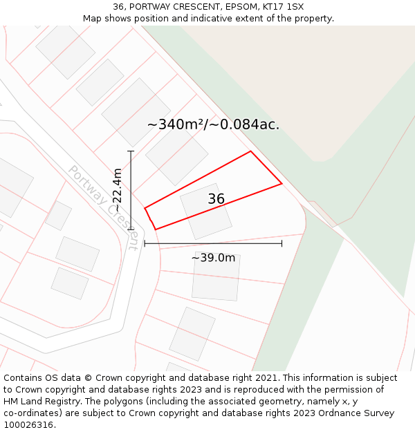 36, PORTWAY CRESCENT, EPSOM, KT17 1SX: Plot and title map
