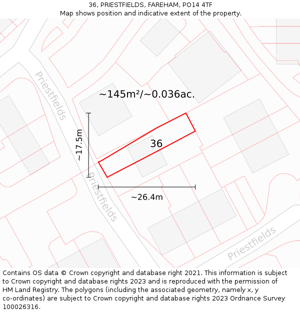 36, PRIESTFIELDS, FAREHAM, PO14 4TF: Plot and title map