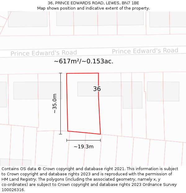 36, PRINCE EDWARDS ROAD, LEWES, BN7 1BE: Plot and title map