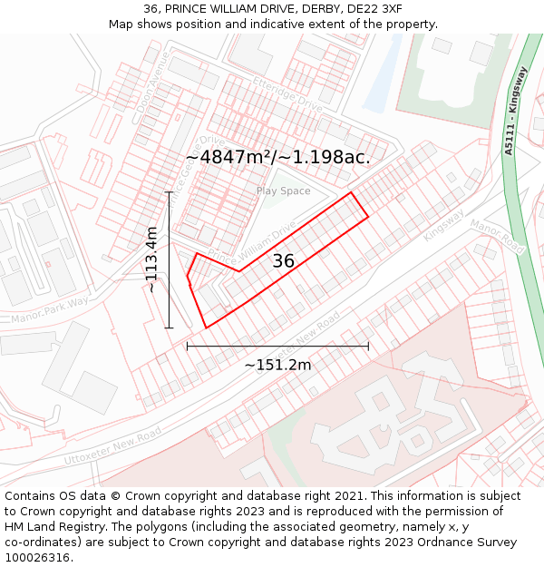 36, PRINCE WILLIAM DRIVE, DERBY, DE22 3XF: Plot and title map