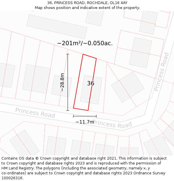 36, PRINCESS ROAD, ROCHDALE, OL16 4AY: Plot and title map