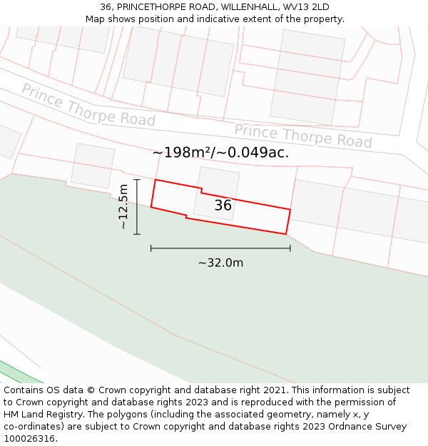 36, PRINCETHORPE ROAD, WILLENHALL, WV13 2LD: Plot and title map